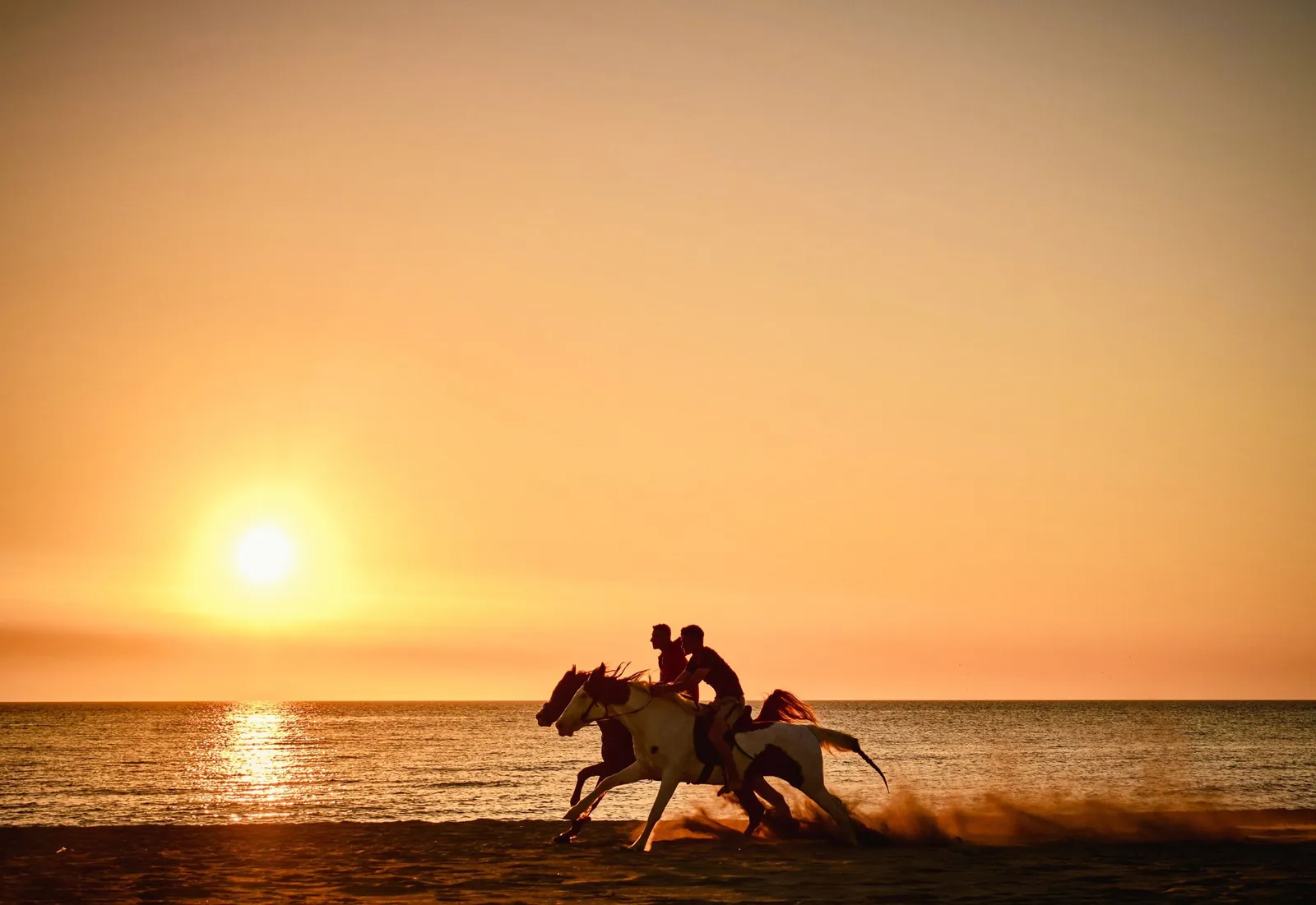Riders on the beach near Durrës, silhouettes at sunset